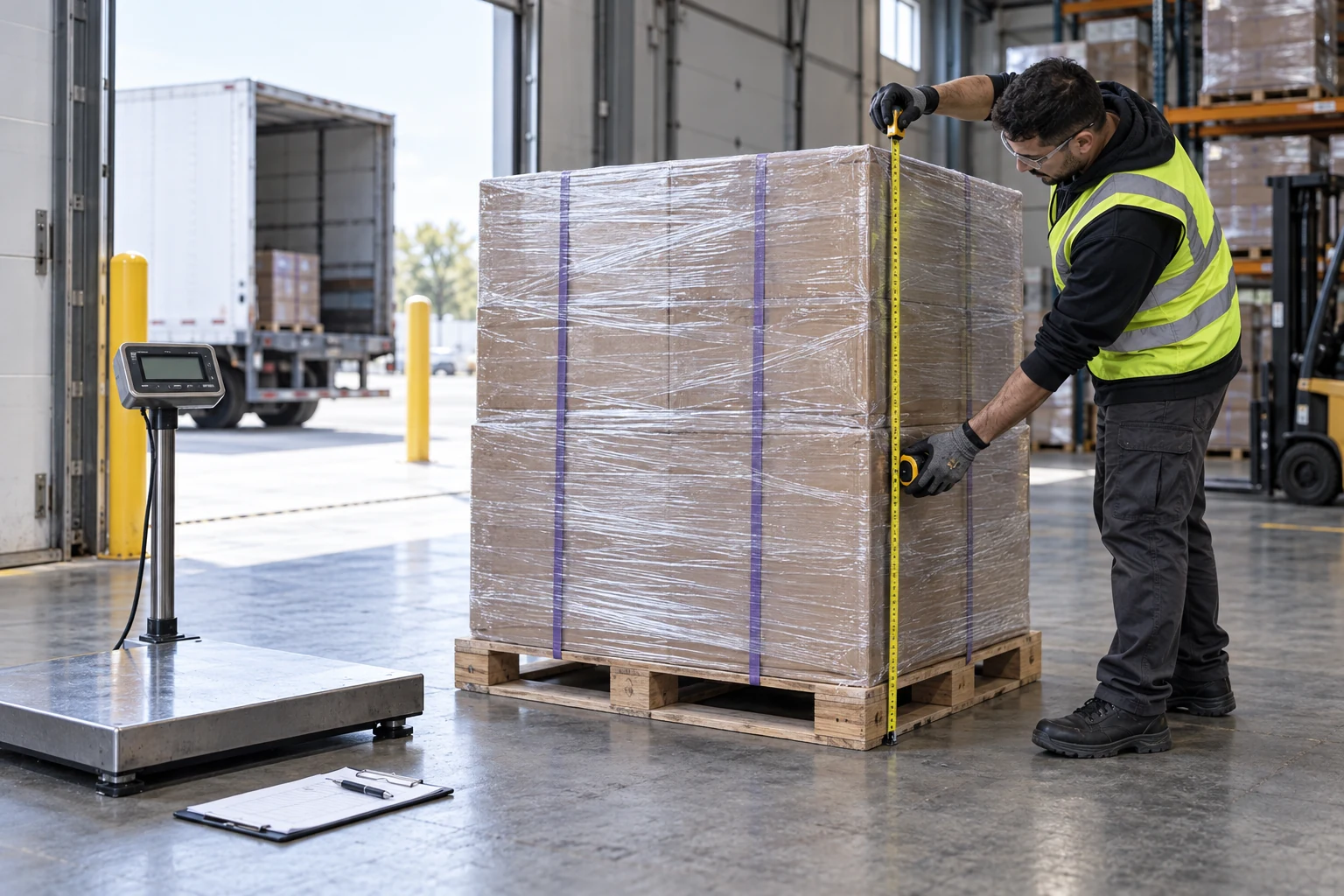 Operations worker measuring the height of a fully wrapped pallet beside a floor scale