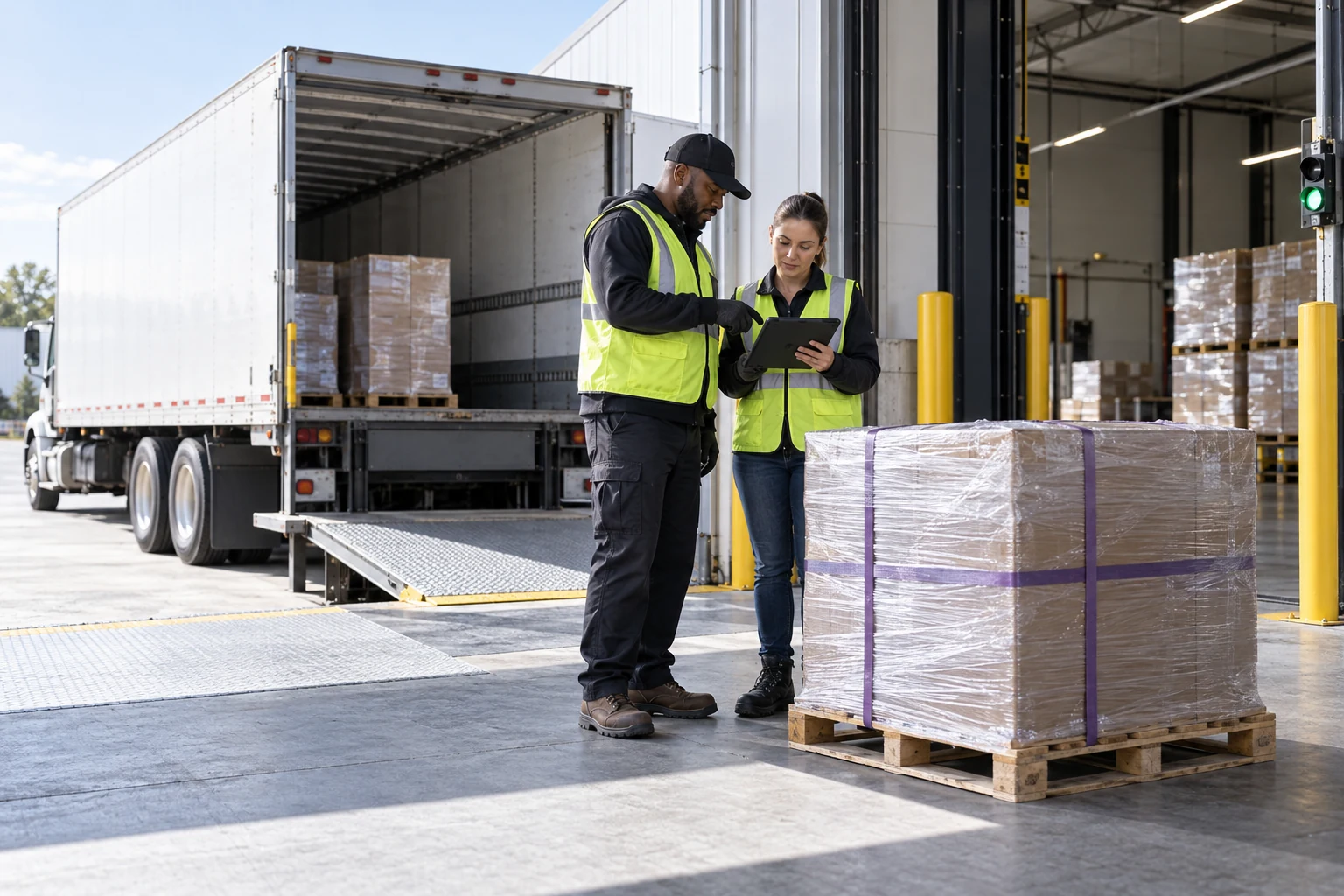 Driver and receiving lead reviewing a pallet shipment together at an open dock