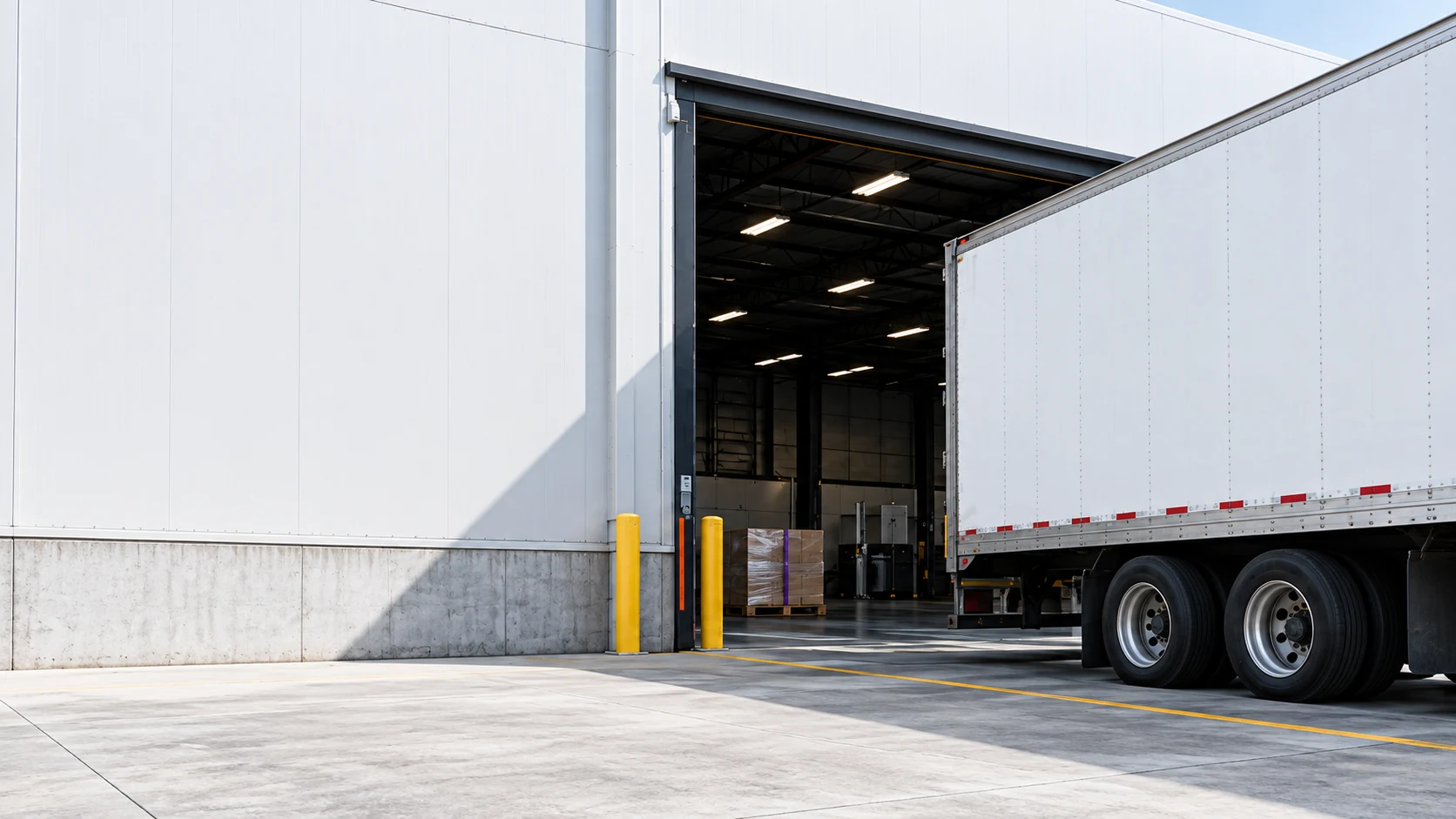 White freight trailer backed into a modern distribution center with pallet freight staged inside