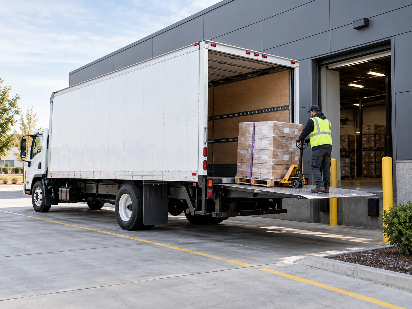 White box truck using its liftgate to load a wrapped pallet at a business