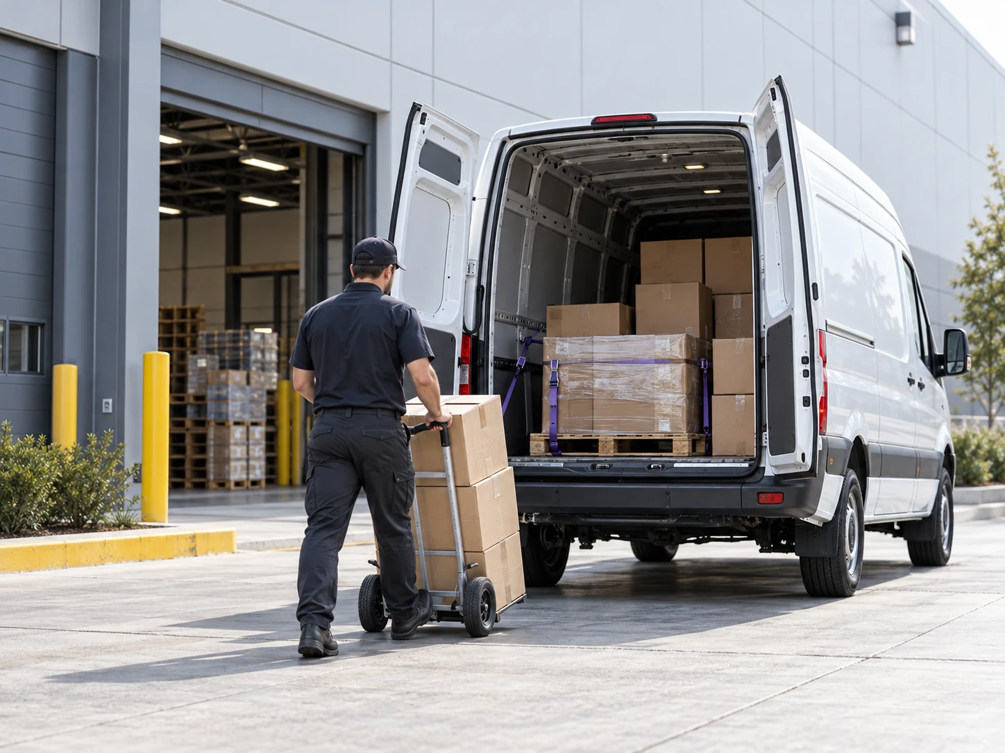 White cargo van being loaded with a small pallet and cartons at a business