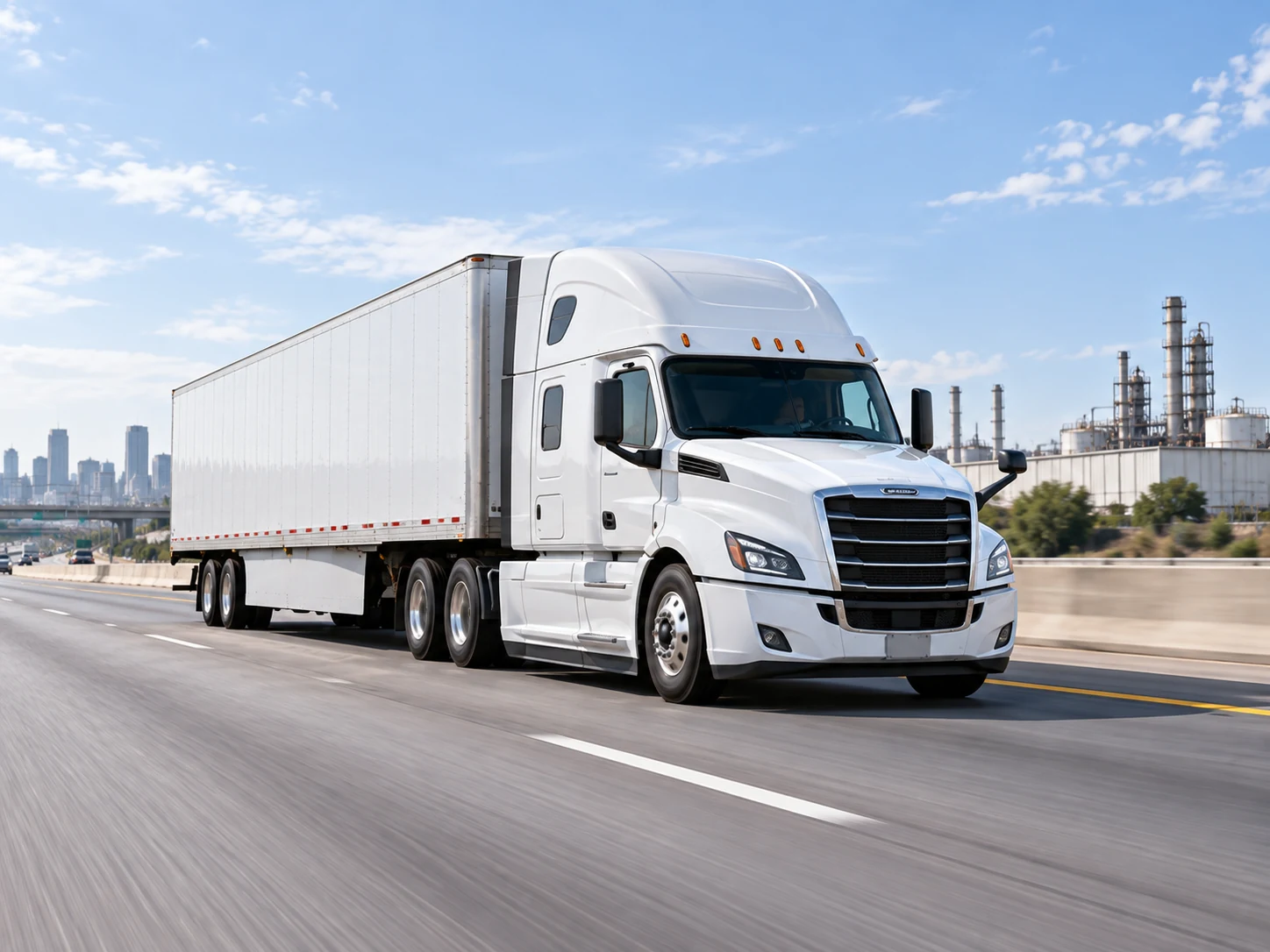 White full truckload tractor trailer moving through an industrial corridor