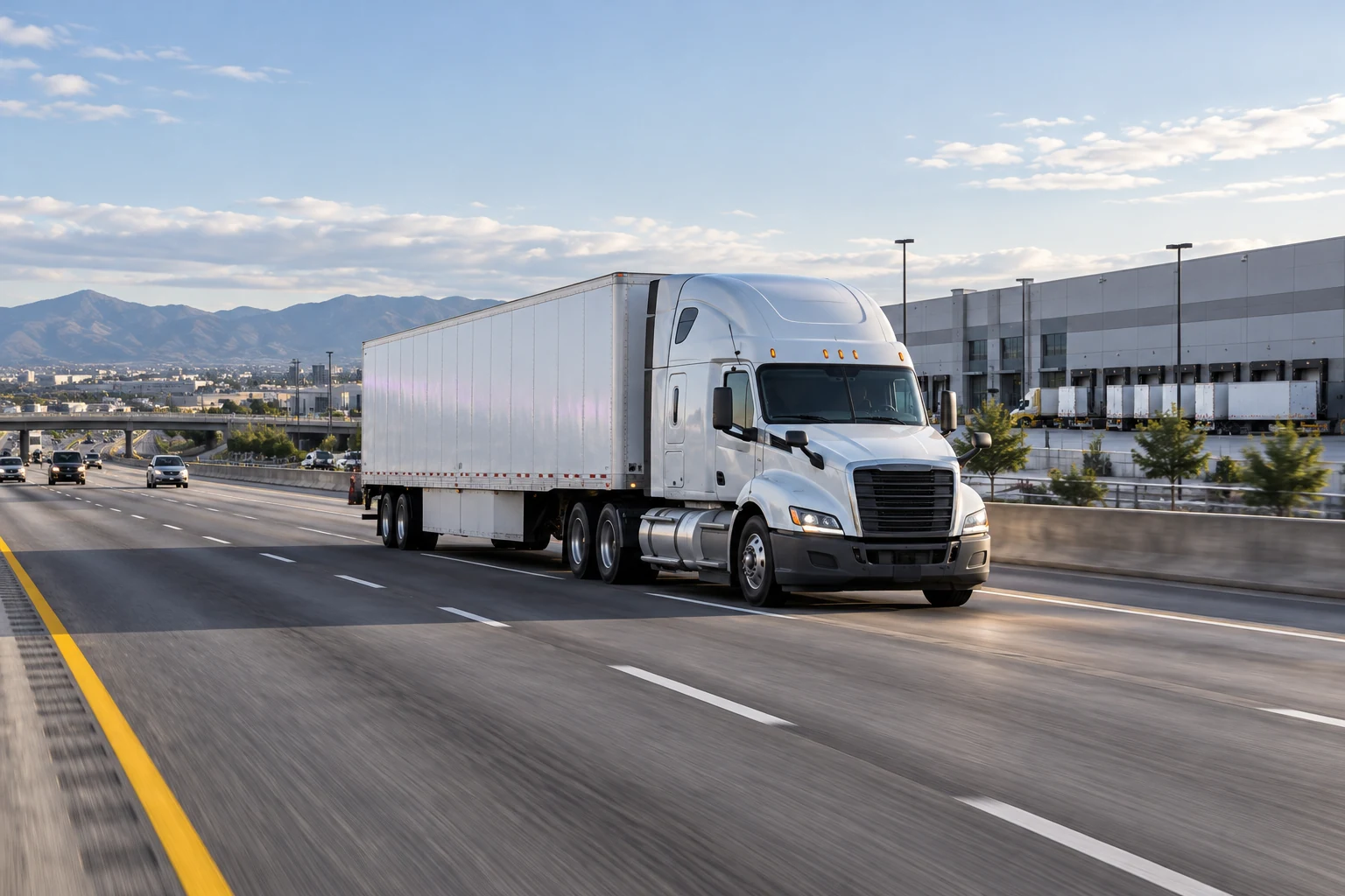 White tractor trailer carrying business freight through a regional industrial corridor