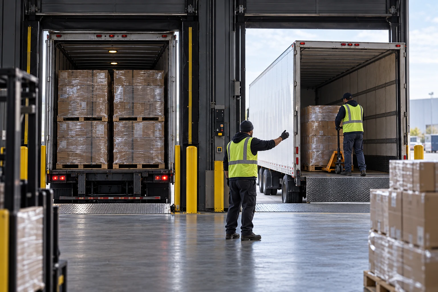 Two freight trucks at adjacent dock bays carrying overflow pallets