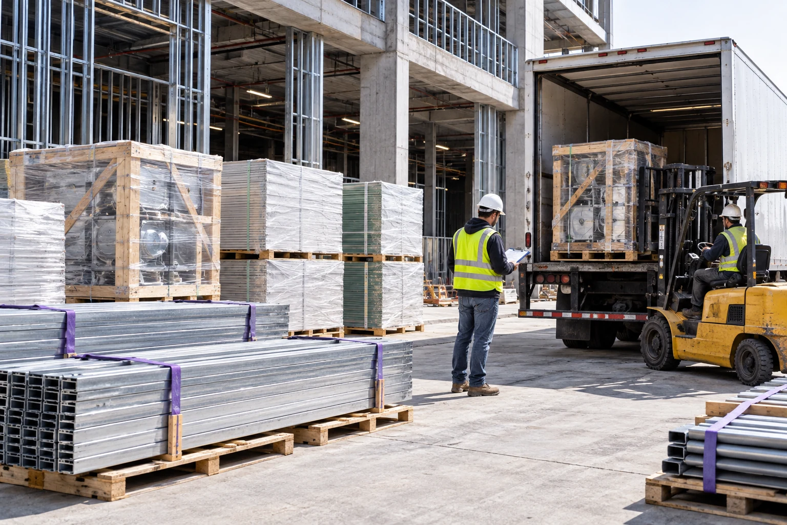 Building materials and crated equipment being unloaded at a commercial project