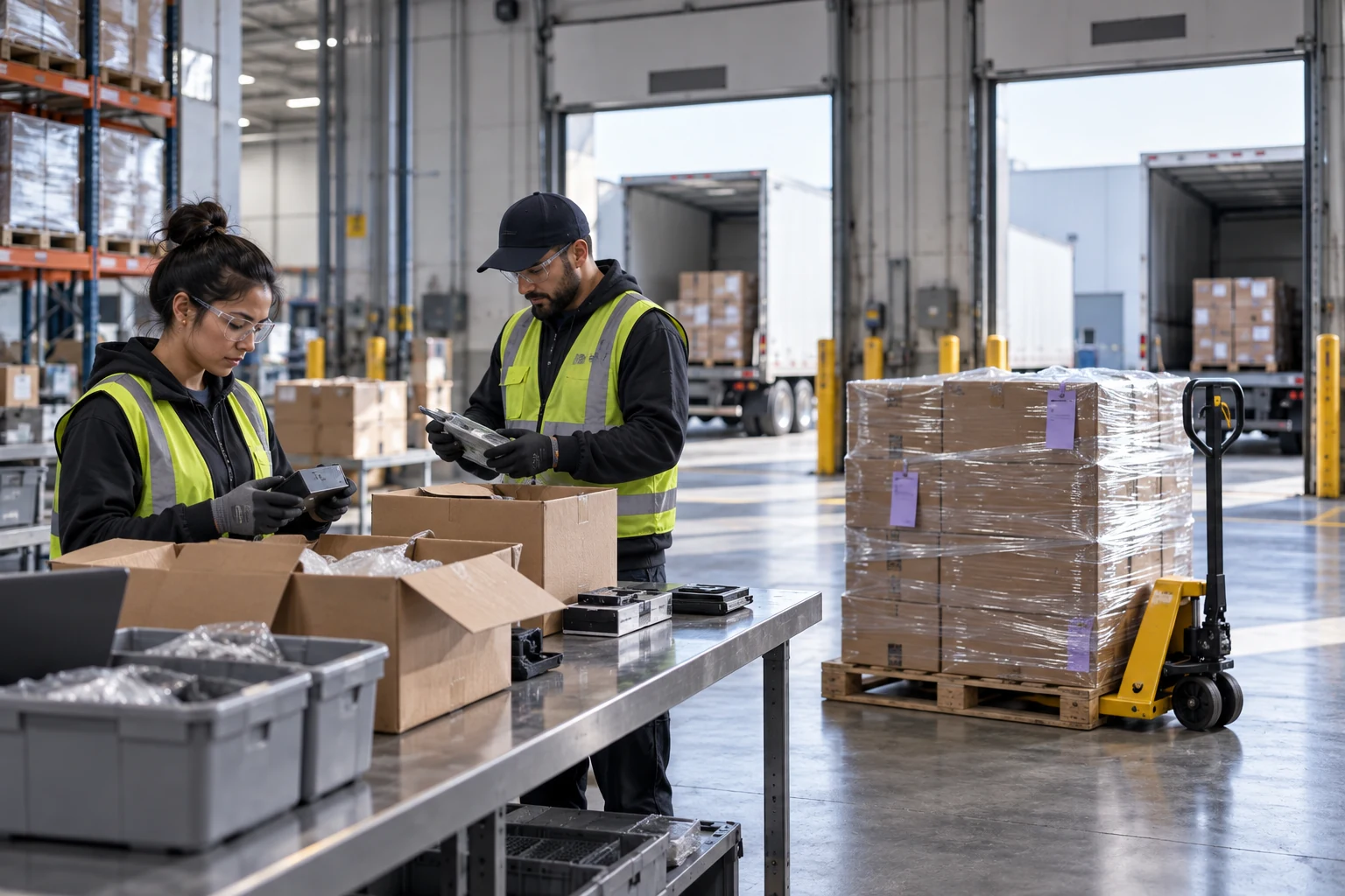 Warehouse team inspecting cartons and consolidating a return pallet