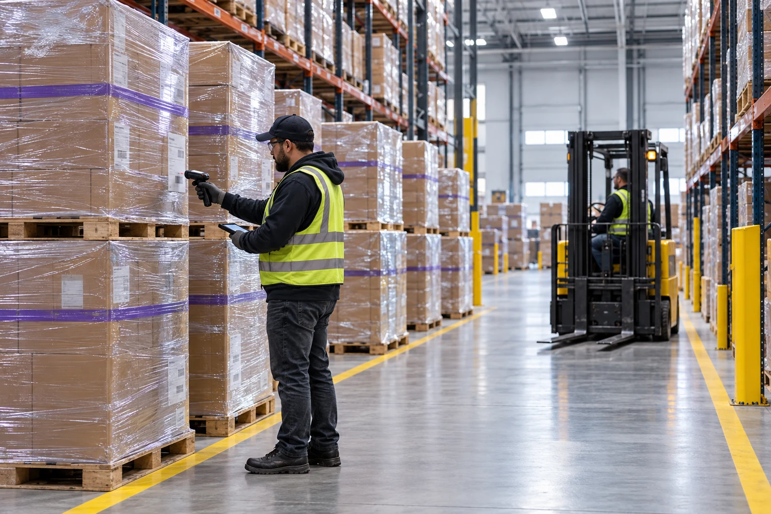 Warehouse team scanning organized extra pallets during a seasonal volume peak