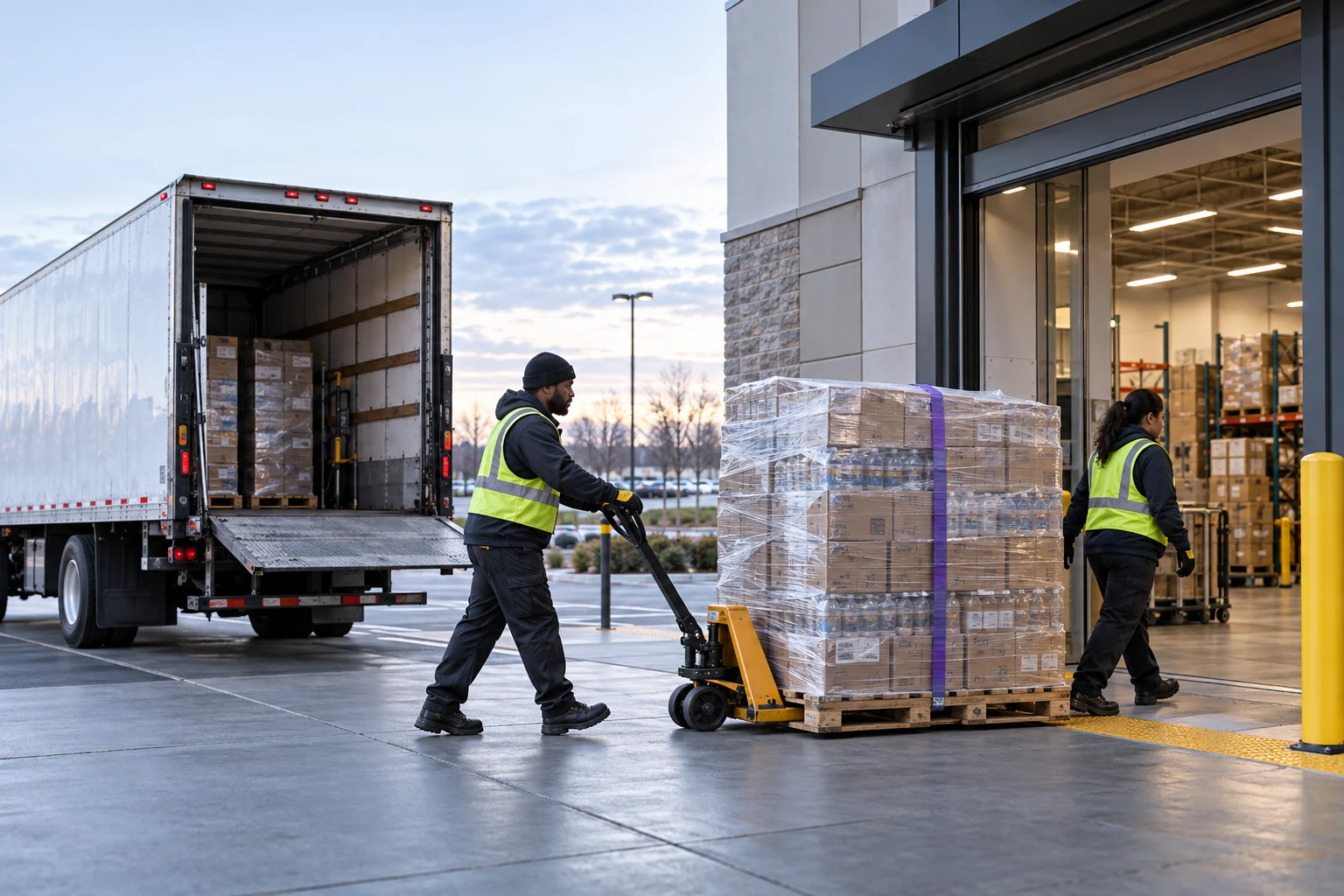 Receiving team moving a wrapped pallet from a liftgate truck into a store