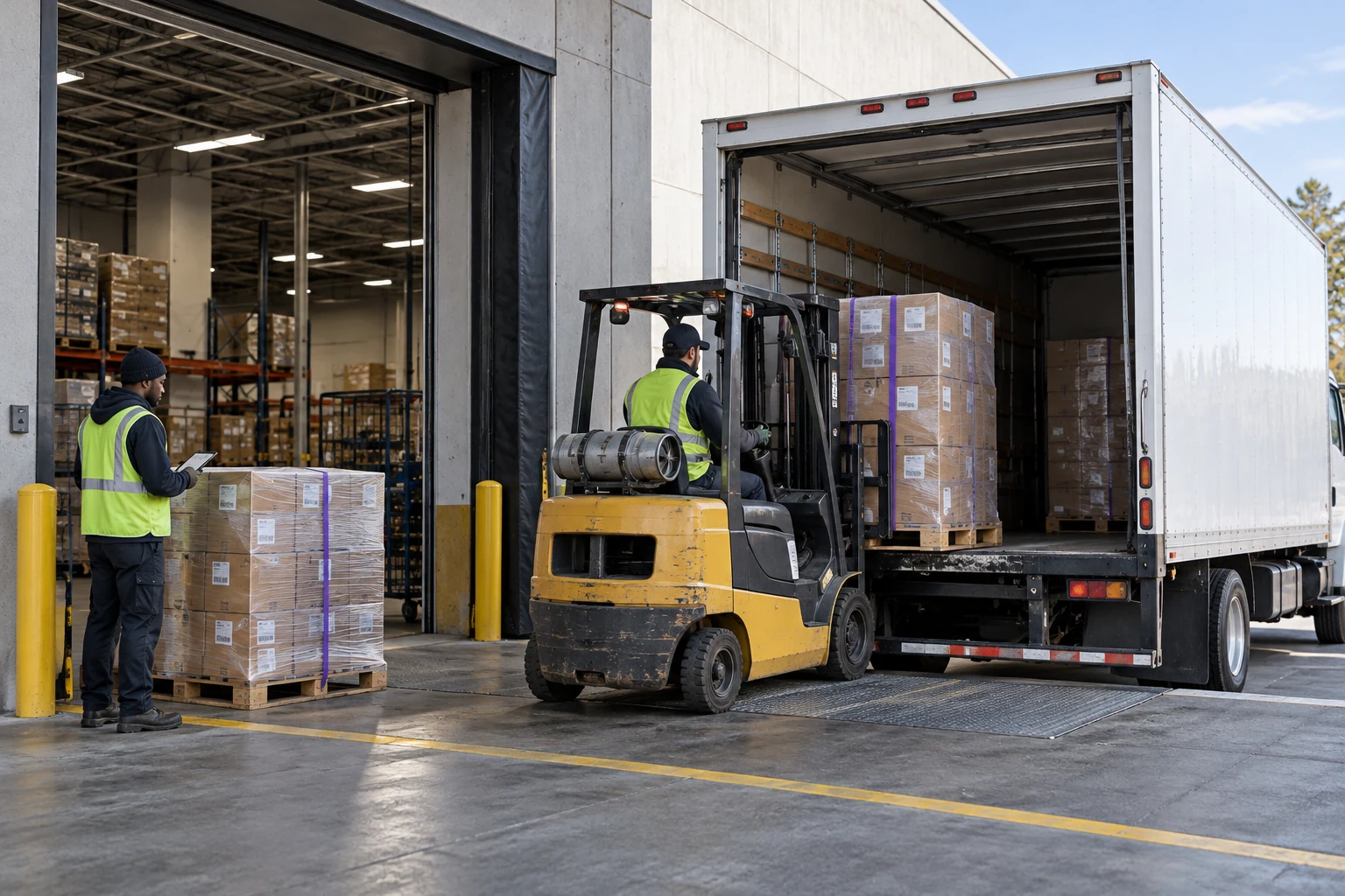 Pallet freight being loaded into a box truck for a store transfer