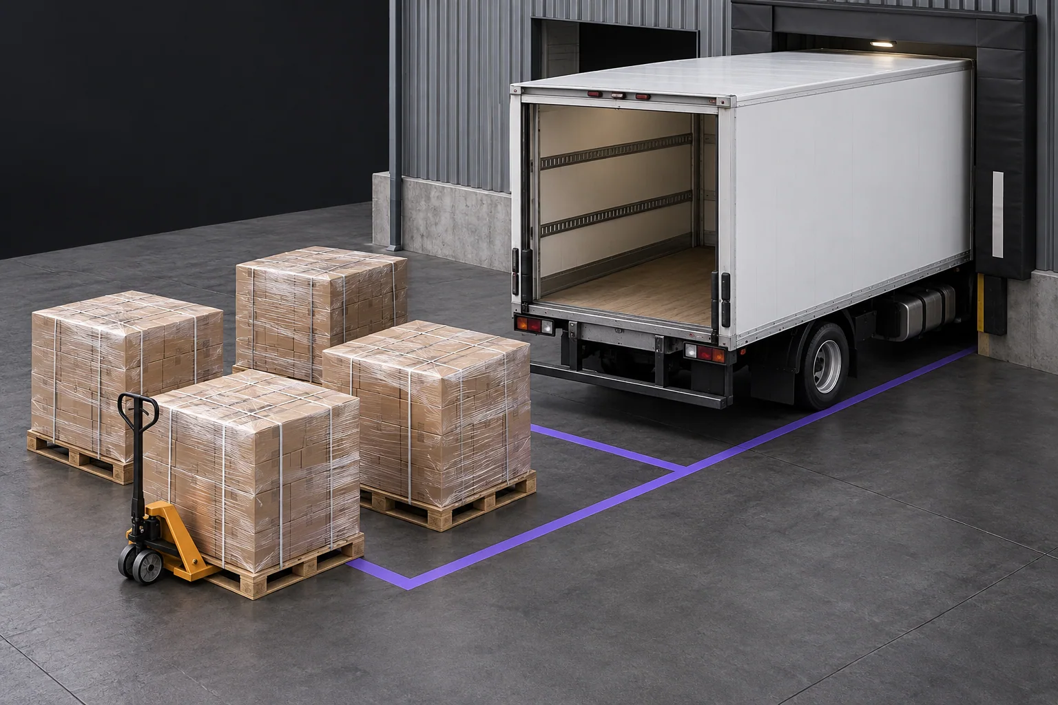 Palletized freight and a pallet jack staged beside an open white box truck for loading.