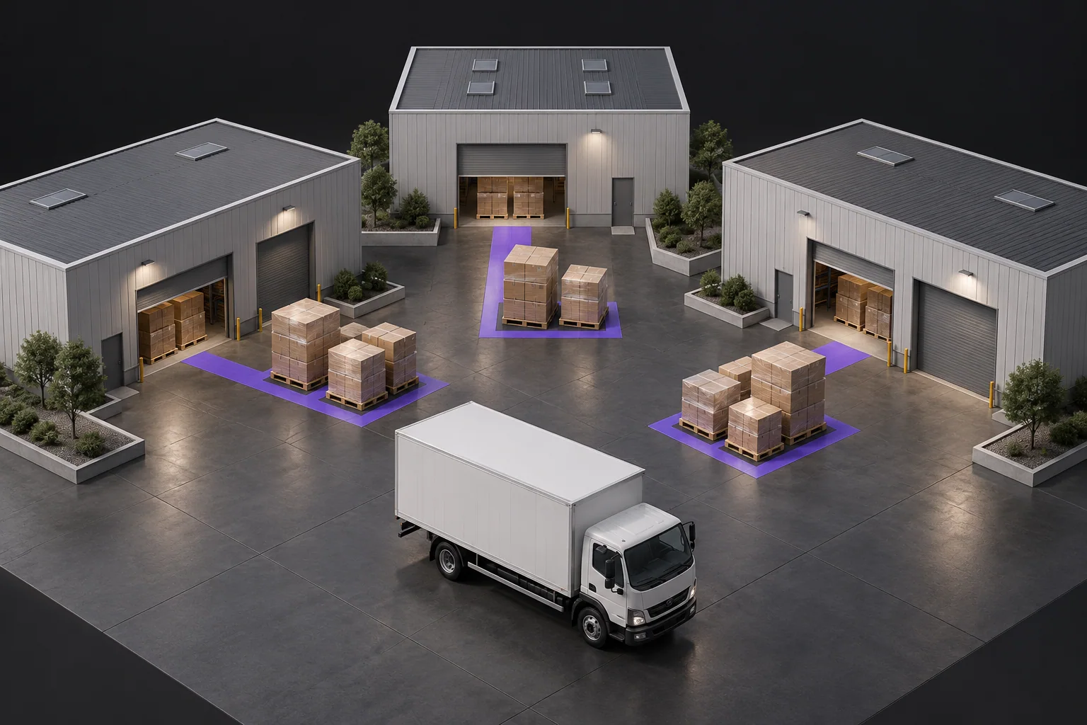 Three warehouse facilities with separate pallet staging areas around a shared freight courtyard.