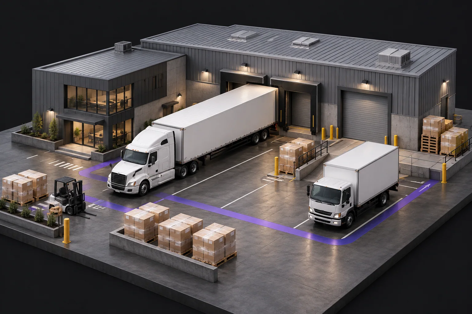 An overview of a distribution yard with trucks, palletized freight and a warehouse office.