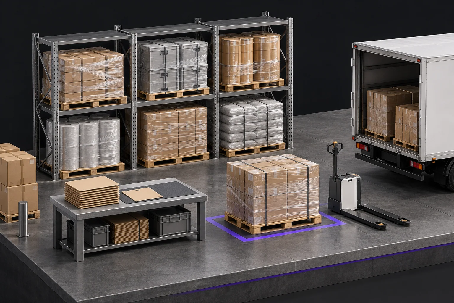 Organized freight racks, prepared pallets and dispatch folders in a warehouse work area.