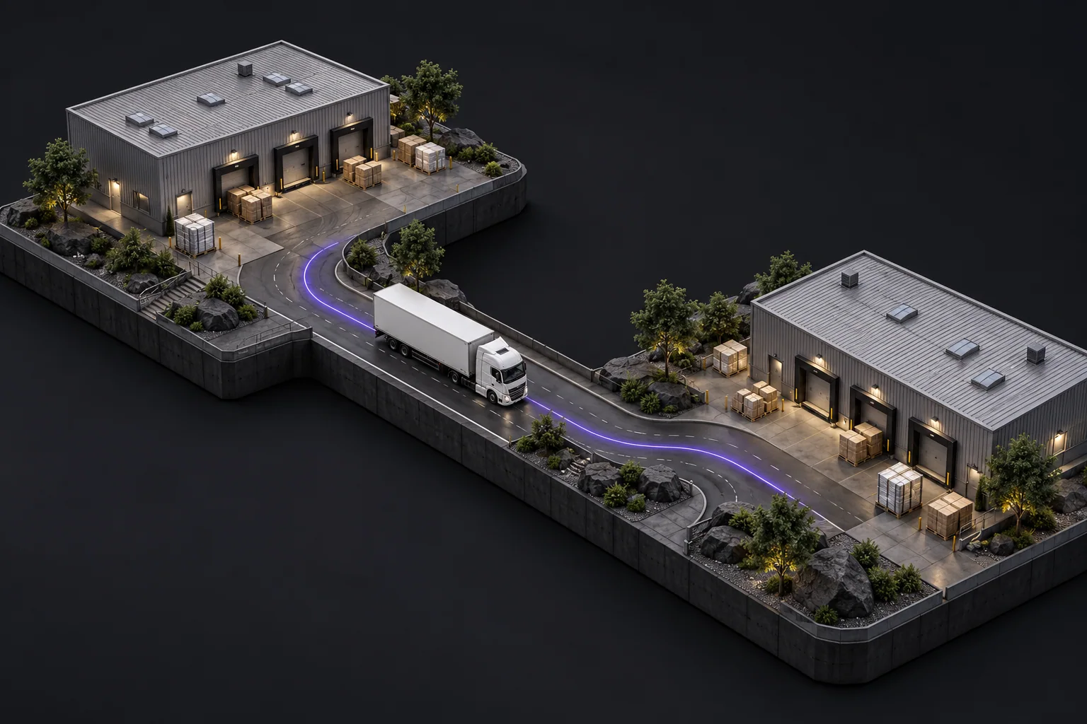A white freight truck following a connecting road between two miniature warehouse facilities.