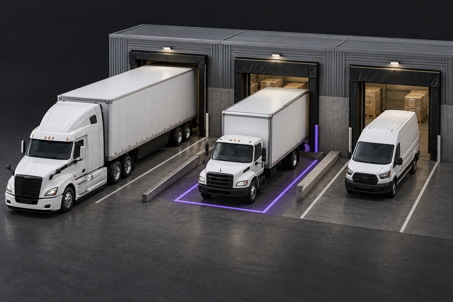 A full-size truck, box truck and cargo van arranged in separate warehouse loading bays.