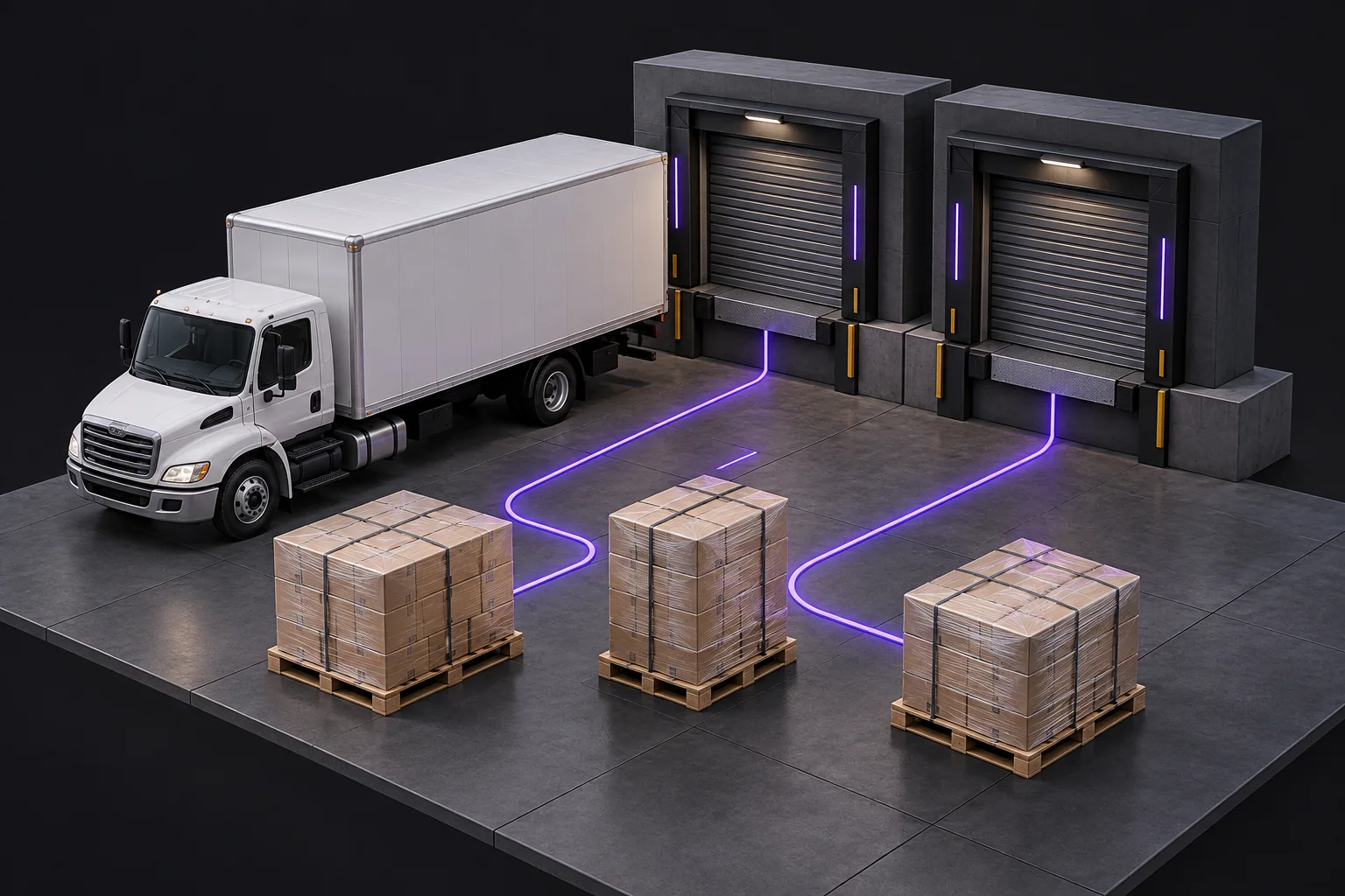 White box truck and wrapped pallet shipments arranged beside two warehouse loading bays.